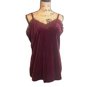 Susan Graver Velvet Lace Trim Luxury Sleep Cami Nightwear Top Burgundy Large